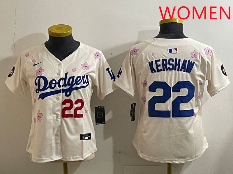 Women Los Angeles Dodgers #22 Kershaw Cream Sakura Edition 2025 Nike MLB Jersey style 4->women mlb jersey->Women Jersey